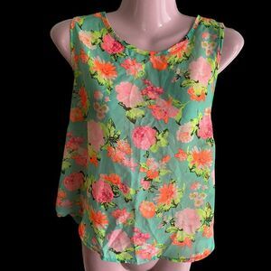 A'Gaci A'Gaci Tank Top Womens Large Green Floral Sleeveless Blouse Zipper Back